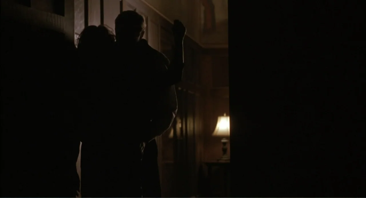 Wild Orchid II: Two Shades of Blue (1991) movie still: medium — A dimly lit interior hallway with wood paneled walls leads to a darker room. Two…