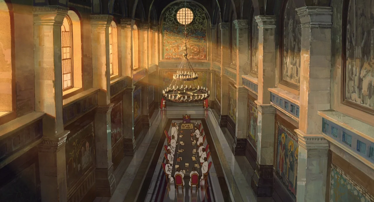 Tales From Earthsea (2006) movie still: establishing — A spacious hall with tall stone pillars and religious murals along the side walls. A group…
