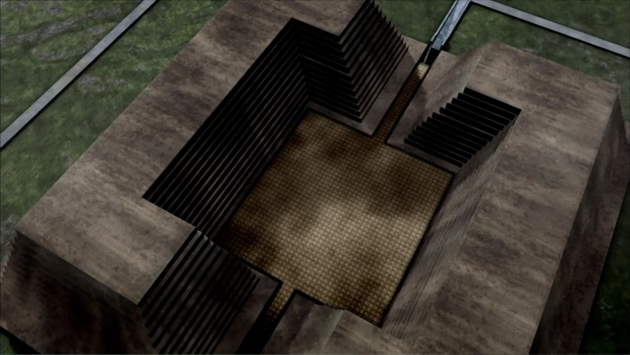 The First Emperor (2006) movie still: establishing — A stone pyramid structure with a central courtyard and tiered stairways sits outdoors. The…