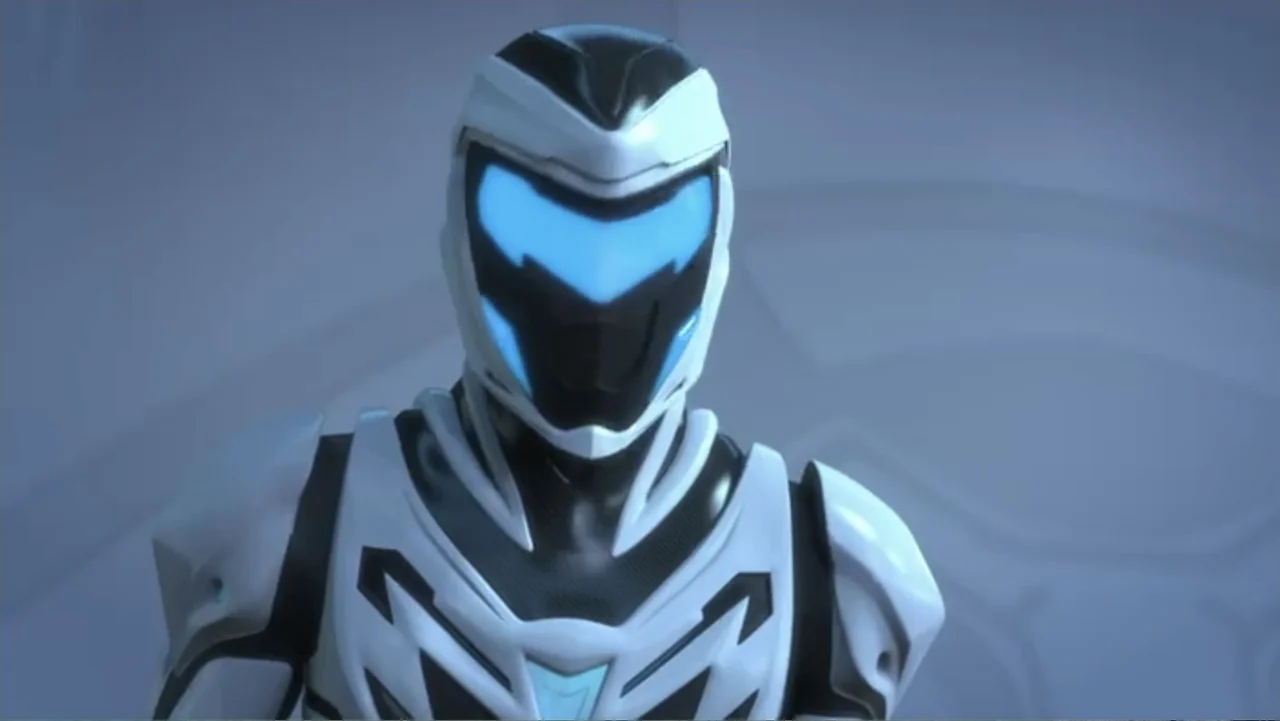 Max Steel: Team Turbo (2016) movie still: medium — A featureless interior environment with smooth surfaces in varying shades of grey. An armored…