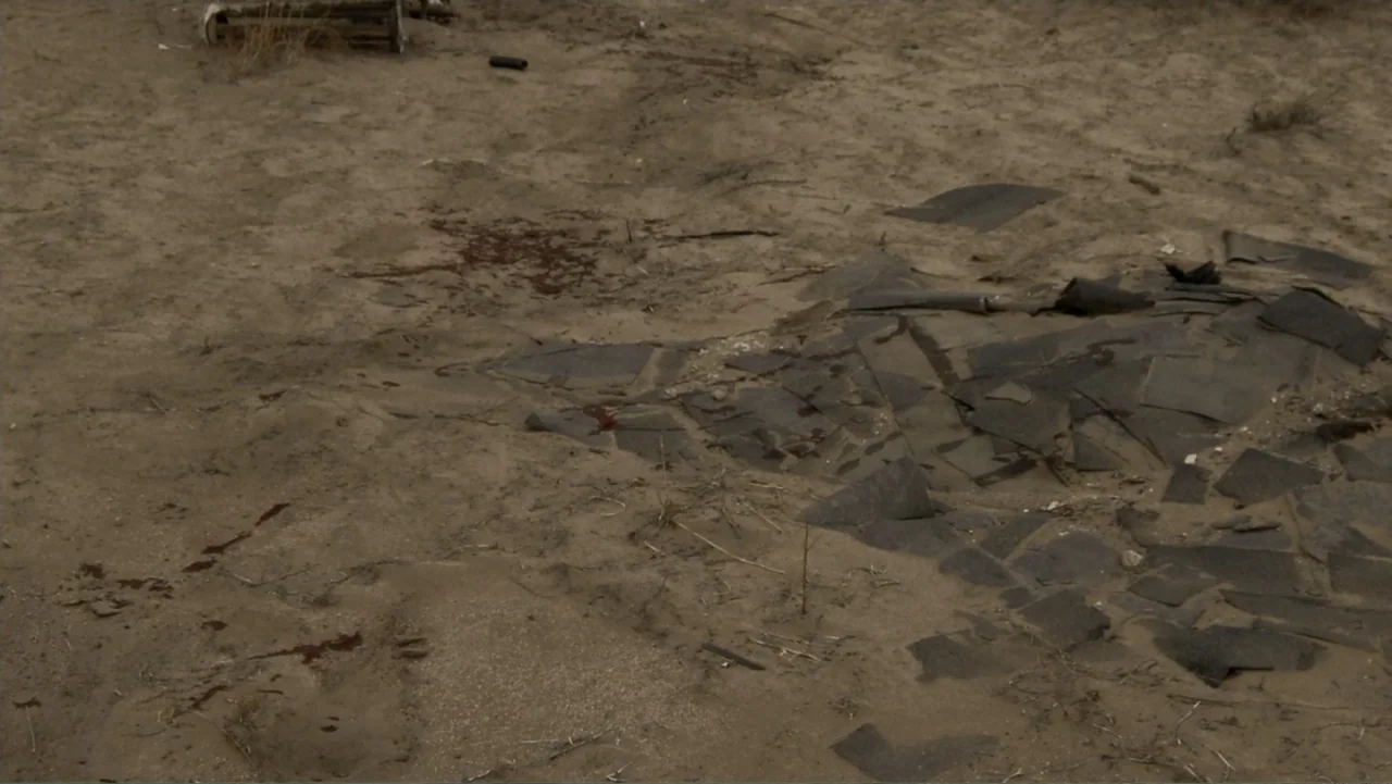 Savageland (2015) movie still: establishing — A desolate patch of sand is covered with scattered dark debris and stains. Patches of dried dark red…