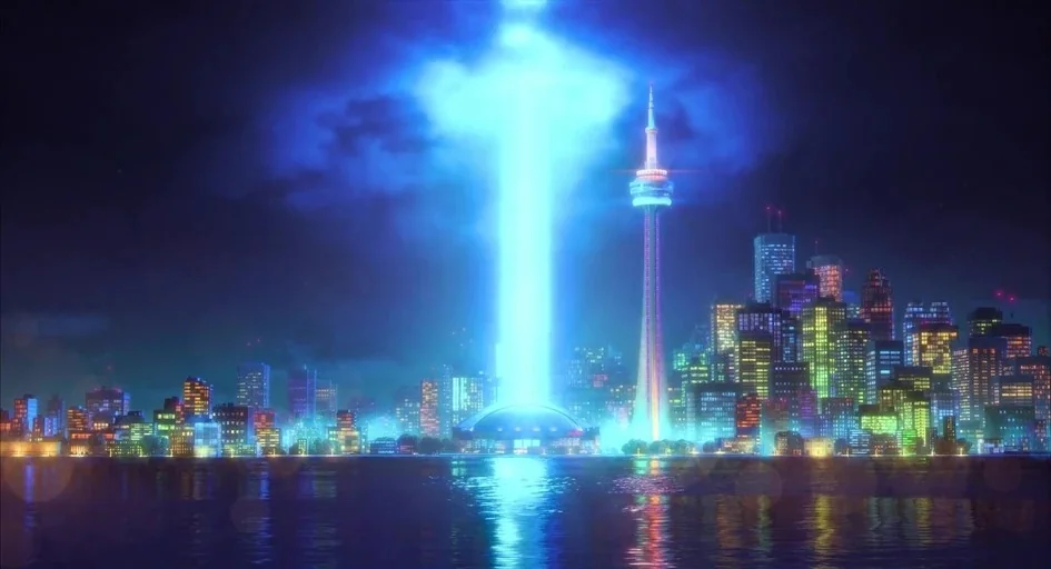 Turning Red (2022) movie still: establishing — A dense city skyline at night sits along the edge of a dark water body. An intense, glowing blue…