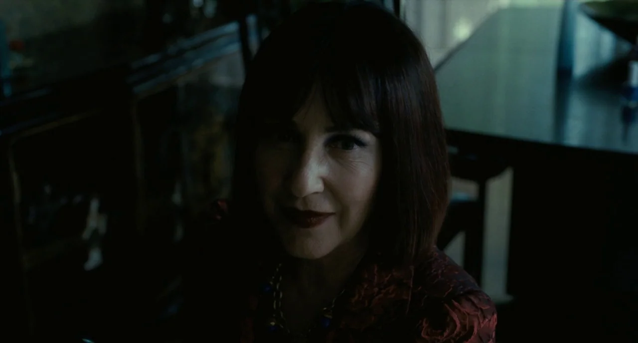 It’s Only The End Of The World (2016) movie still: closeup — An interior space features dark wood surfaces and a patterned red blouse. The subject…