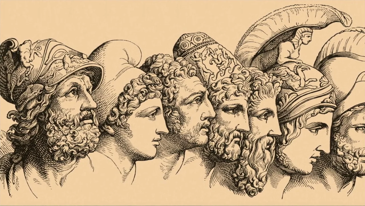 The Atlantis Puzzle (2024) movie still: medium — A series of engraved profiles of men wearing ancient Greek-style ornate helmets. The figures are…