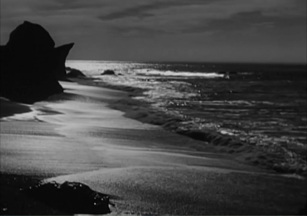 Creature from the Black Lagoon (1954) movie still: establishing — A dark rocky beach sits at the edge of a turbulent ocean at night. Rolling waves…