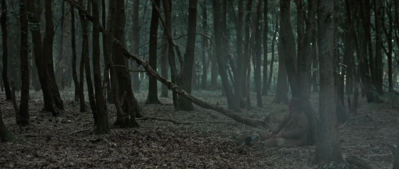 Sin retorno (2009) movie still: wide — A dense patch of forest filled with thin trees and a leaf-littered floor. A lone man sits on the ground with…