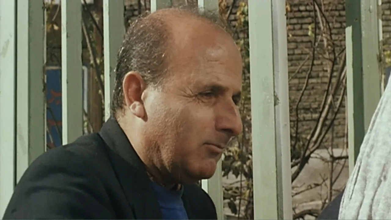 The Mirror (2014) movie still: closeup — An outdoor area with a vertical metal fence placed in the foreground. A middle-aged man stands behind the…