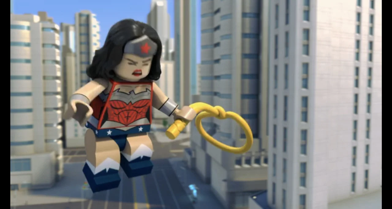 LEGO DC Comics Super Heroes: Justice League - Cosmic Clash (2016) movie still: medium — A plastic Wonder Woman figure hovers above a street…