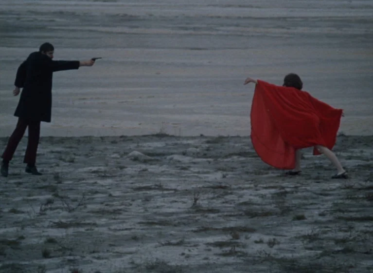 Fruit of Paradise (1970) movie still: wide — A flat, sandy shoreline stretches toward a grey water horizon under an overcast sky. A man in a dark…