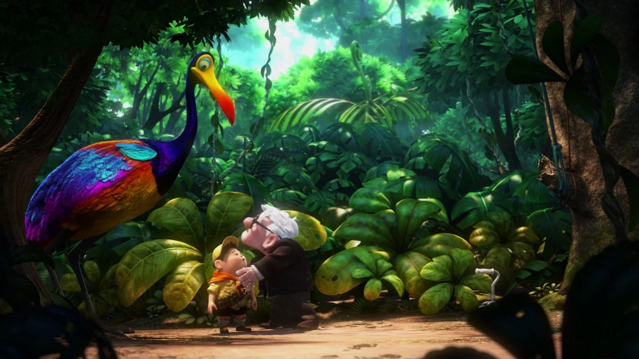 Up (2009) movie still: medium — A dense, vibrant jungle features large tropical leaves and towering tree trunks. An elderly man and a young boy…