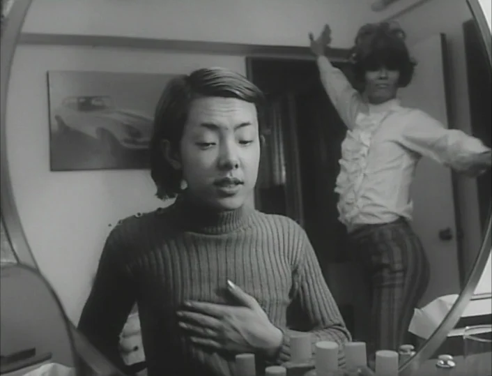 Funeral Parade of Roses (1969) movie still: medium — A 1960s interior vanity setting features a large circular mirror reflecting two young women.…