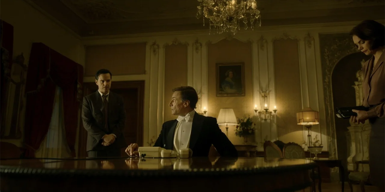 Oslo (2021) movie still: medium — An ornate interior study features high ceilings, gilded wall moldings, and a crystal chandelier. Three people…