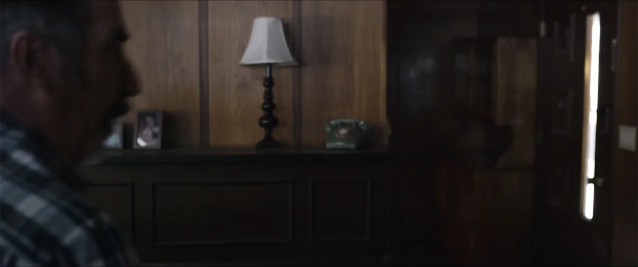 Captive (2020) movie still: medium — A dark wood paneled living room contains a sideboard with a lamp and telephone. A man in a plaid shirt stands…