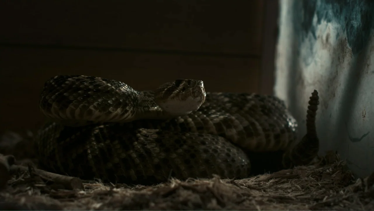 Alabama Snake (2020) movie still: closeup — A coiled rattlesnake rests on wood chips inside a dimly lit glass enclosure. The snake remains still…