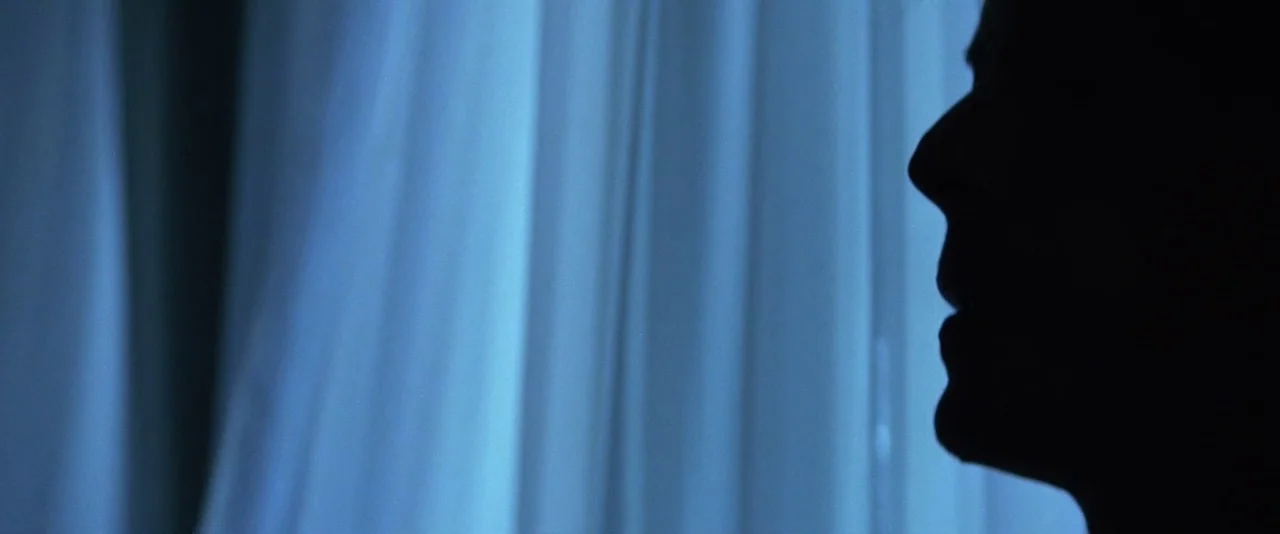 The Hunger (1983) movie still: closeup — A close-up view of a silhouette against hanging translucent blue curtains. A person's profile is visible on…