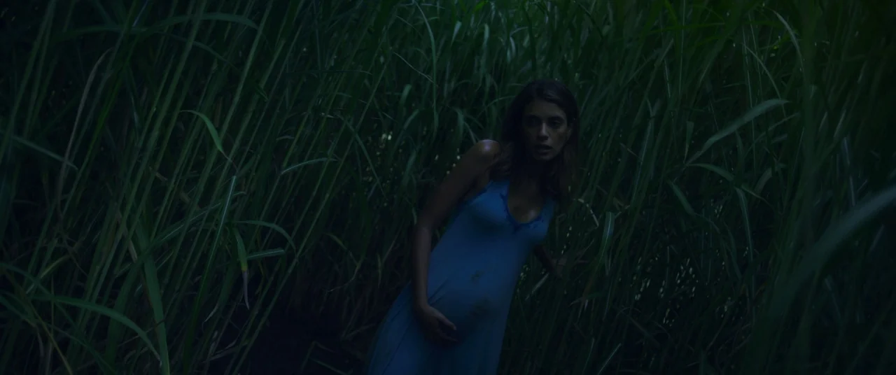 In The Tall Grass (2019) movie still: medium — A woman stands within a dense patch of tall green stalks at night. She moves slowly through the…