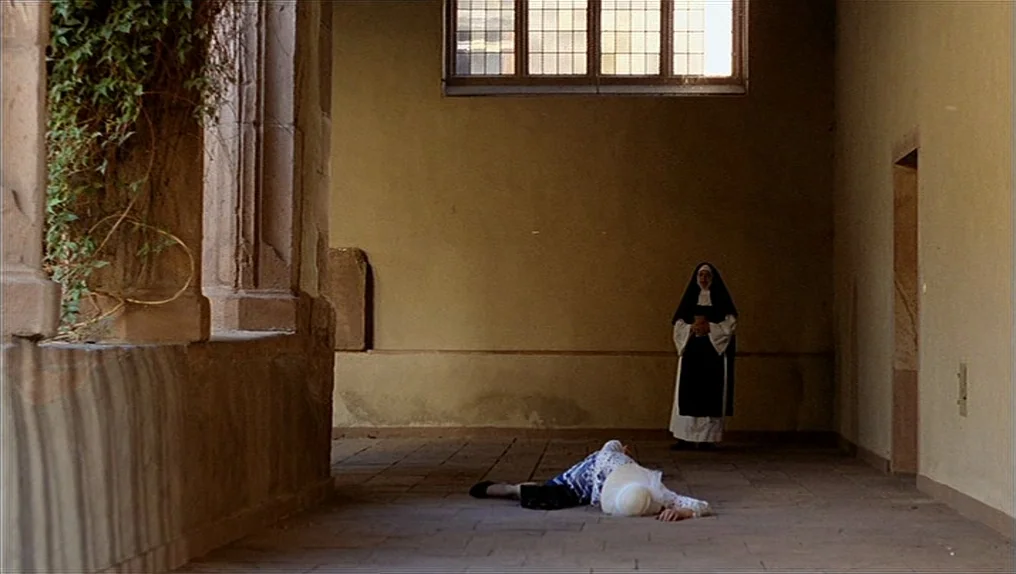 In A Year Of Thirteen Moons (1978) movie still: wide — A stone-walled corridor with a high leaded-glass window and ivy growing on the columns. A…