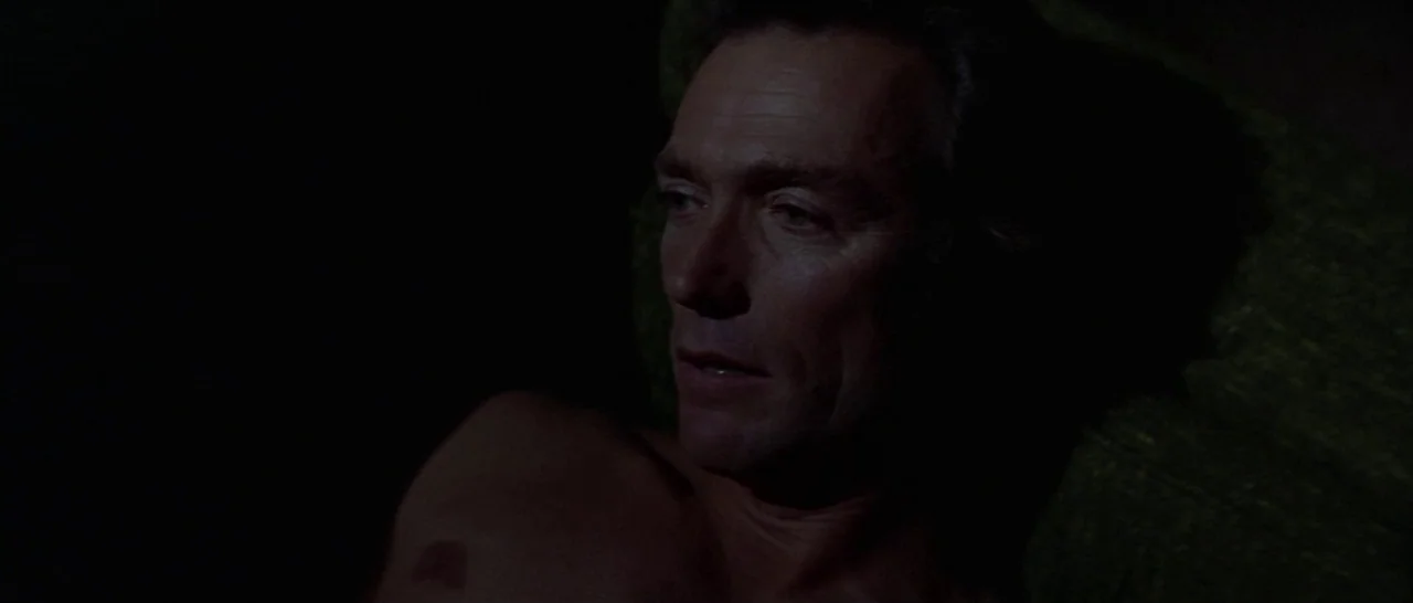 Thunderbolt & Lightfoot (1974) movie still: closeup — A dark, dimly lit indoor space with a textured olive green fabric surface visible. A shirtless…