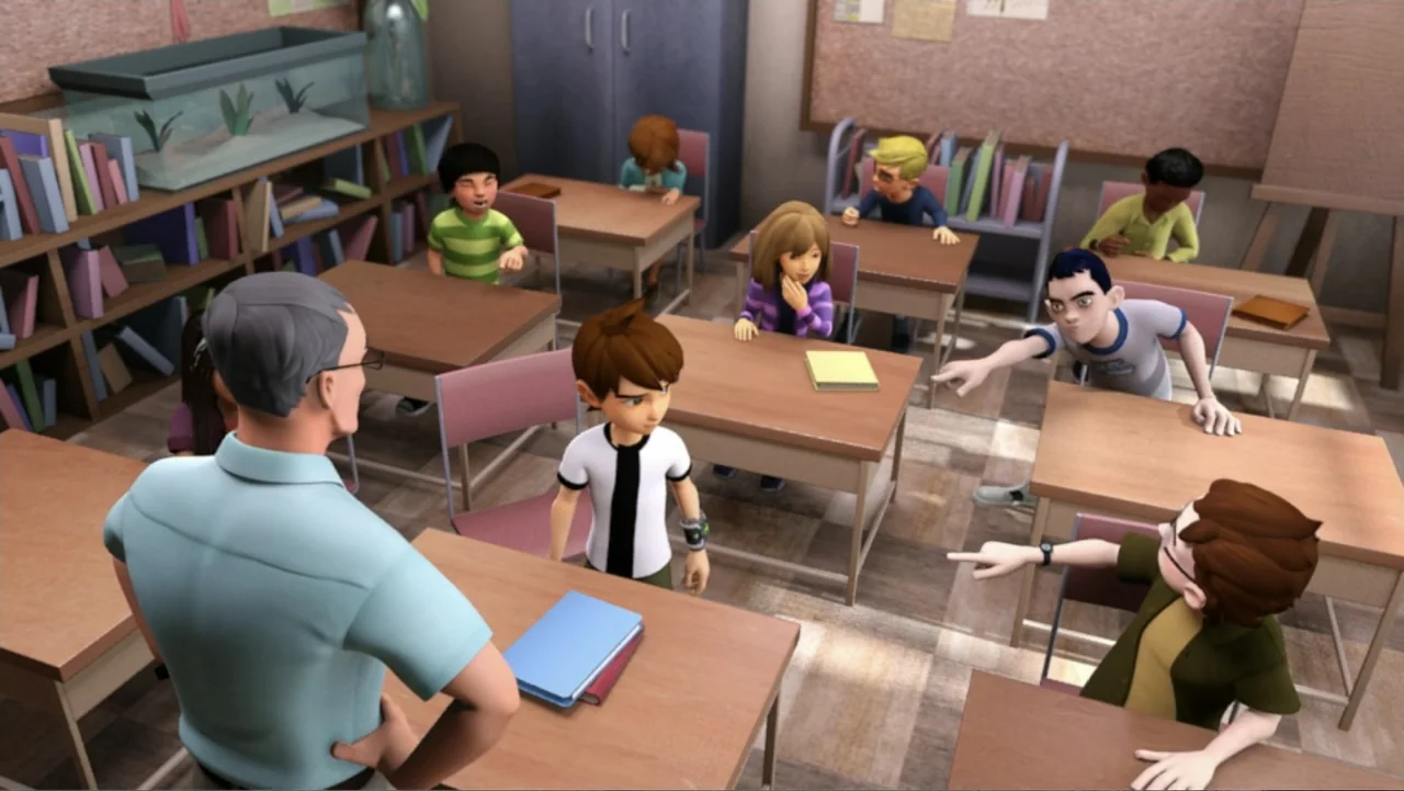 Ben 10: Destroy All Aliens (2012) movie still: wide — A school setting with rows of desks, students, and a teacher in front. A central boy stands…