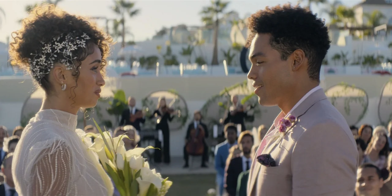 Our Fault (2025) movie still: medium — A sunny outdoor wedding ceremony features a couple standing before a seated audience. The bride and groom…