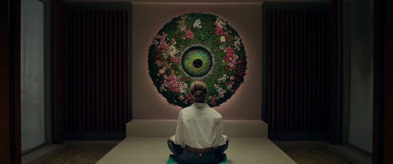 The Pod Generation (2023) movie still: medium — A minimalist room features a large circular floral installation mounted on a blank wall. A woman…