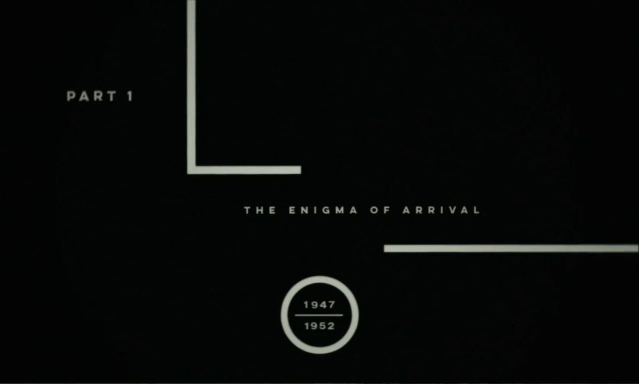 The Brutalist (2024) movie still: establishing — A stark graphic title card features white geometric lines and text on black background. The text…