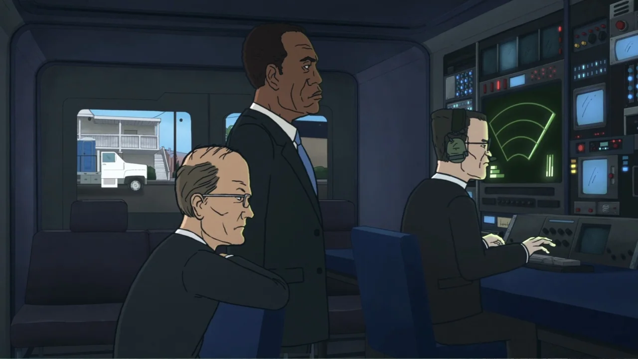 Beavis and Butt-Head Do the Universe (2022) movie still: medium — A dark surveillance van is equipped with multiple computer monitors and electronic…