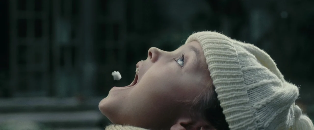 Chicken With Plums (2011) movie still: closeup — A child outdoors looks toward the sky with their mouth open. A small white snowflake falls toward…