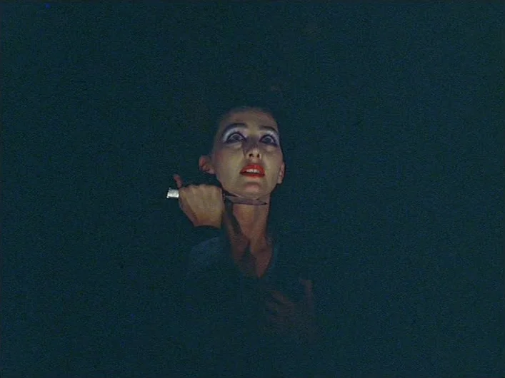 The Death of Maria Malibran (1972) movie still: closeup — A subject is positioned against a solid dark background with no environmental details…