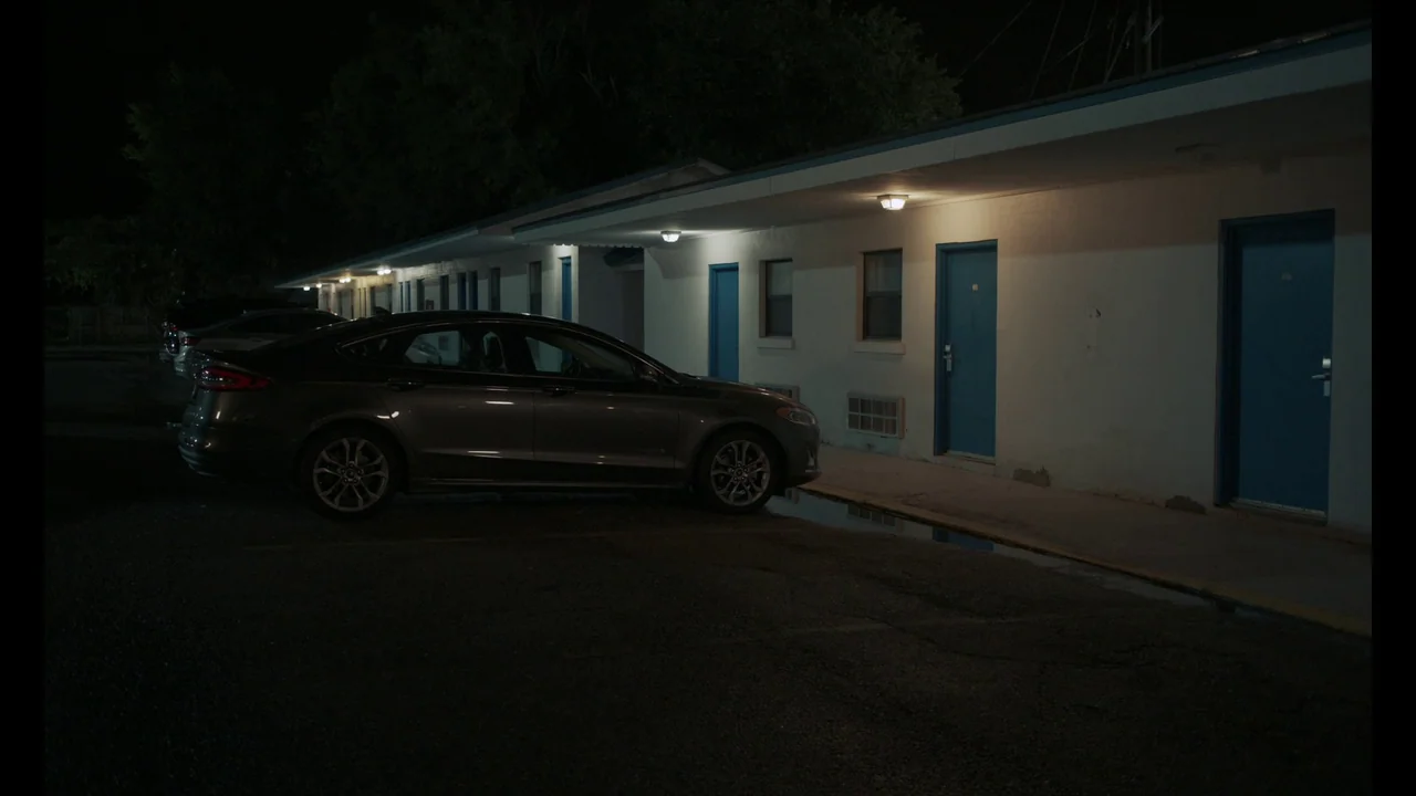 The Card Counter (2021) movie still: wide — A dark, single-story motel exterior features a row of blue doors at night. A grey sedan is parked on the…