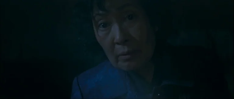 Mother (2009) movie still: closeup — A dimly lit interior space with shadows obscuring most of the surrounding area. An elderly East Asian woman…