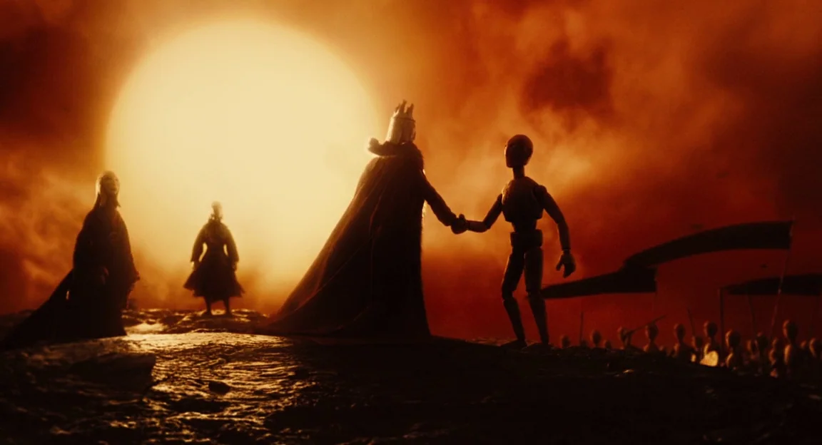 Hellboy II: The Golden Army (2008) movie still: wide — A dark rocky terrain is illuminated by a massive, sun-like orb in the background. A king in a…
