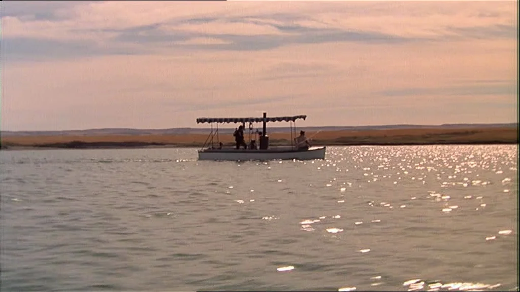 Days Of Heaven (1978) movie still: wide — A small flat-bottomed boat with a canopy travels across a vast open lake. The far shore features dry…