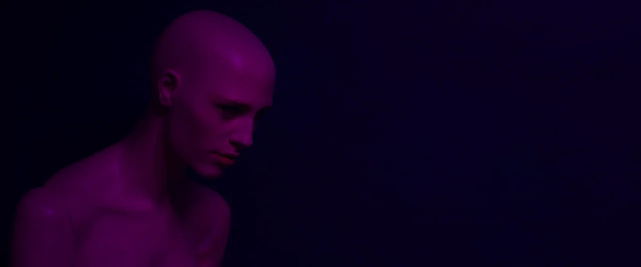 Stopmotion (2024) movie still: medium — A bald plastic mannequin head is illuminated against a dark, featureless purple background. The mannequin…