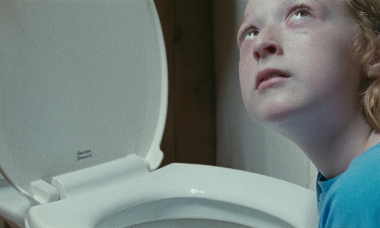 Janet Planet (2023) movie still: closeup — A close-up view of a child in a bathroom next to a white toilet. The child looks up toward something out…
