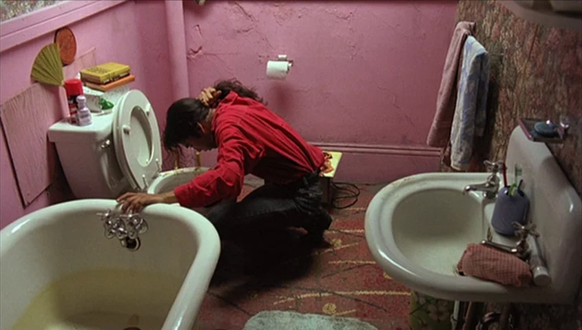 Dance Me Outside (1994) movie still: medium — A small bathroom features bright pink walls and a dated tile floor pattern. A woman in a red shirt…