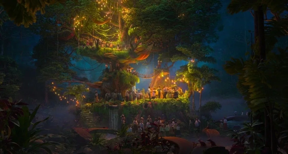 Encanto (2021) movie still: wide — A massive, multi-level treehouse is illuminated by string lights at night in a jungle. Many small figures of…