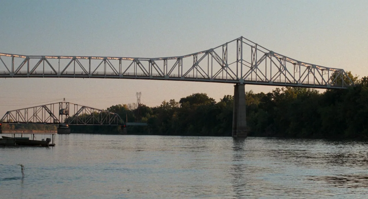 One False Move (1991) movie still: establishing — A long steel truss bridge crosses a wide river during the late afternoon. Trees line the far…