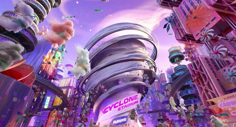 Elemental (2023) movie still: establishing — A whimsical, candy-colored futuristic city features a spiraling stadium as the centerpiece. Numerous…