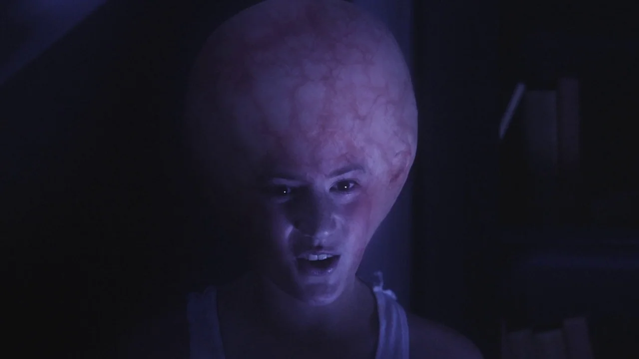 The Field Guide to Evil (2018) movie still: closeup — A dimly lit space features a boy with an abnormally large, pulsating cranium. He stares…