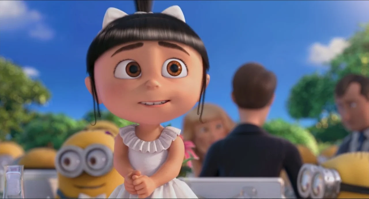 Despicable Me 2 (2013) movie still: medium — An outdoor gathering with green trees and a clear blue sky in the background. A young girl stands in…