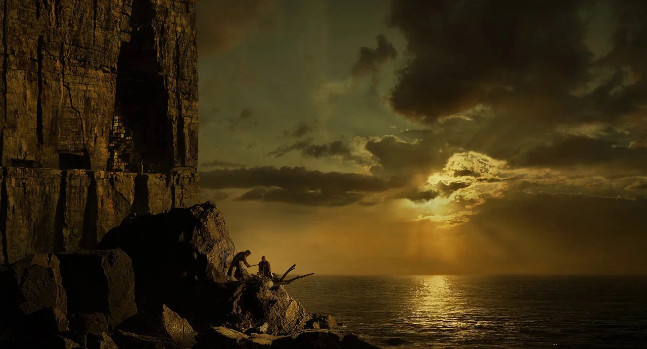 The Immortals (2011) movie still: wide — A tall, textured cliff face features carved dwellings overlooking a vast calm ocean. Two figures stand on a…