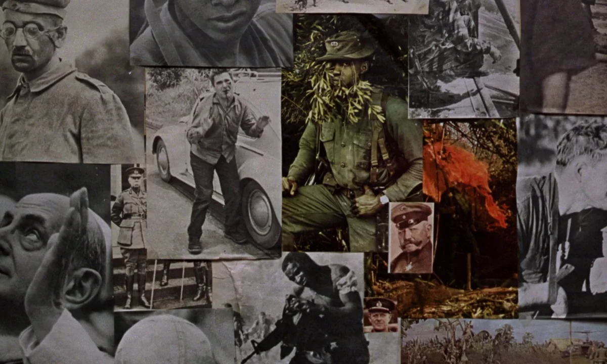 If…. (1968) movie still: wide — A collection of black-and-white and muted color photographs is taped to a flat surface. The images depict various…