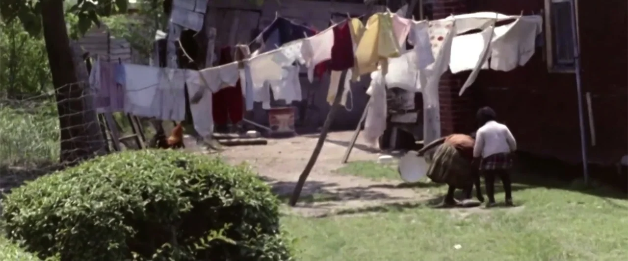 All In: The Fight for Democracy (2020) movie still: wide — A rural backyard featuring a wooden clothesline with laundry drying in the sun. An adult…