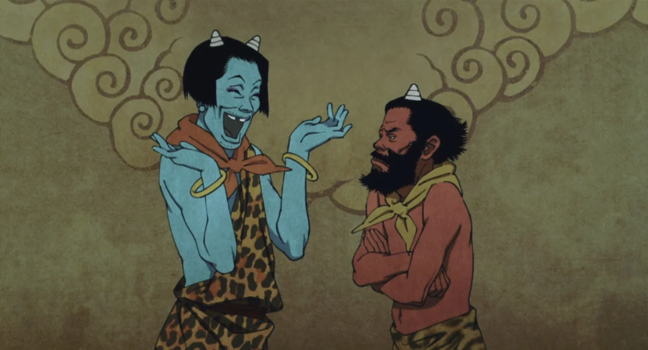 Tokyo Godfathers (2003) movie still: medium — An animated depiction of two humanoid figures with horns stands before stylized cloud patterns. The…