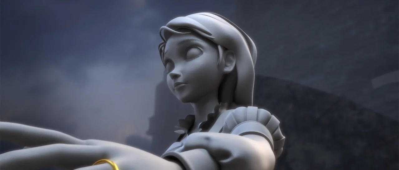 Cinderella and the Secret Prince (2018) movie still: closeup — A grey stone statue of a young woman stands in a dim outdoor courtyard. The statue…