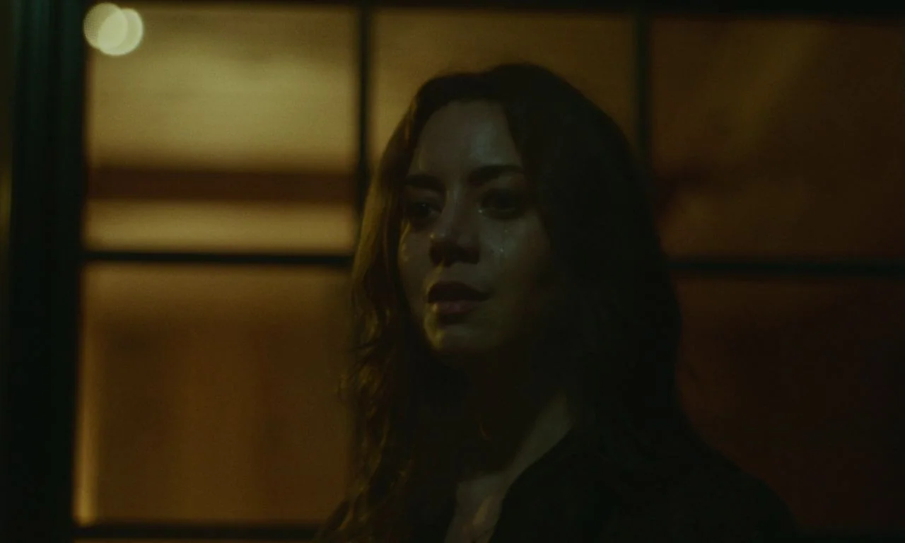 Black Bear (2020) movie still: closeup — A dark indoor space features a large window pane in the background. A woman stands in the foreground,…