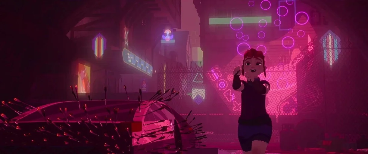 Nimona (2023) movie still: medium — A dark urban environment is illuminated by bright magenta neon signs and holographic circles. A young girl…