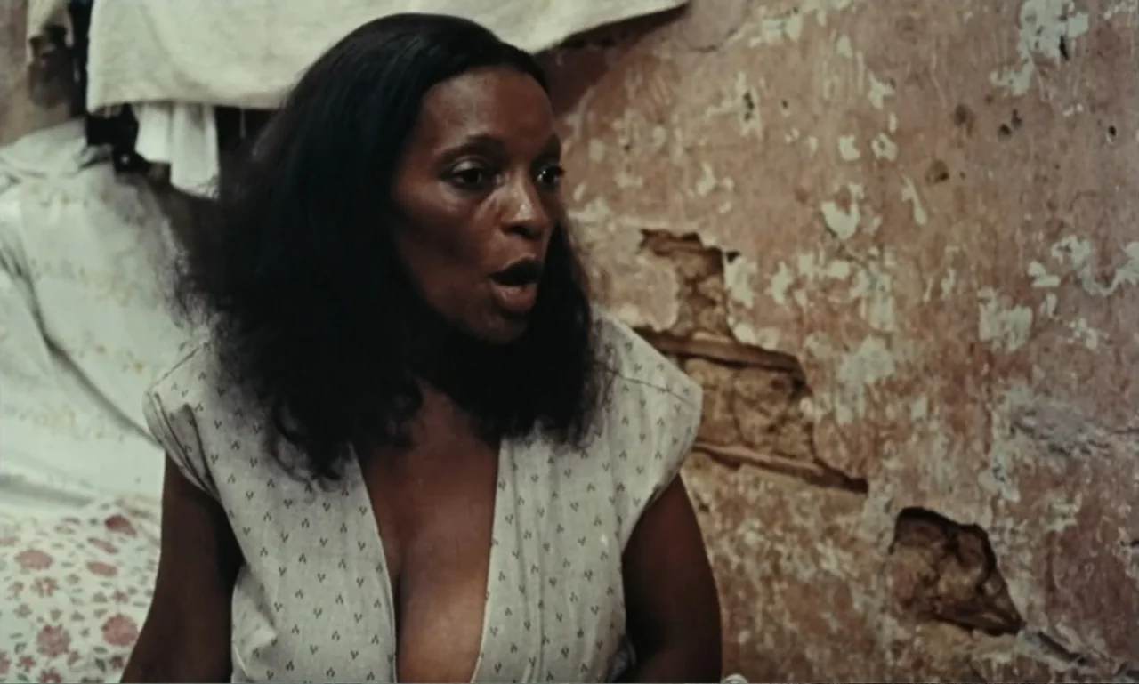 Dona Flor and Her Two Husbands (1976) movie still: medium — A room with textured, crumbling plaster walls and exposed brickwork. A woman with dark…