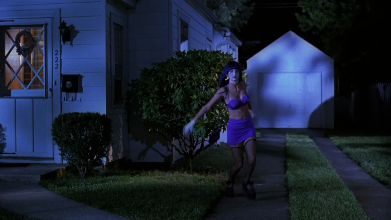 Frankenhooker (1990) movie still: fullbody — A suburban house exterior at night with a paved walkway leading to the garage. A woman in a blue wig…